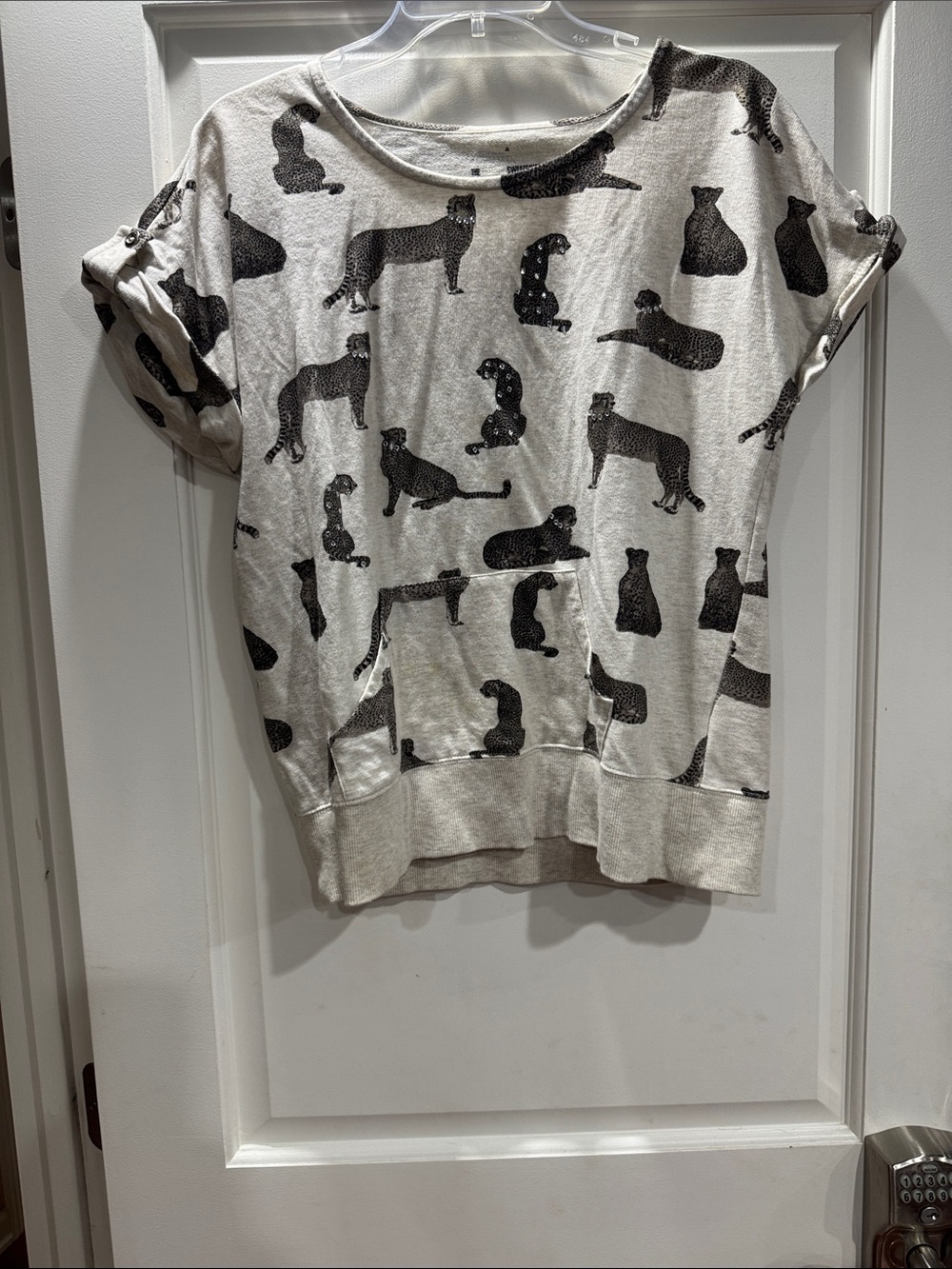 Style&Co Cream Short Sleeve Pullover with Black Leopard Print